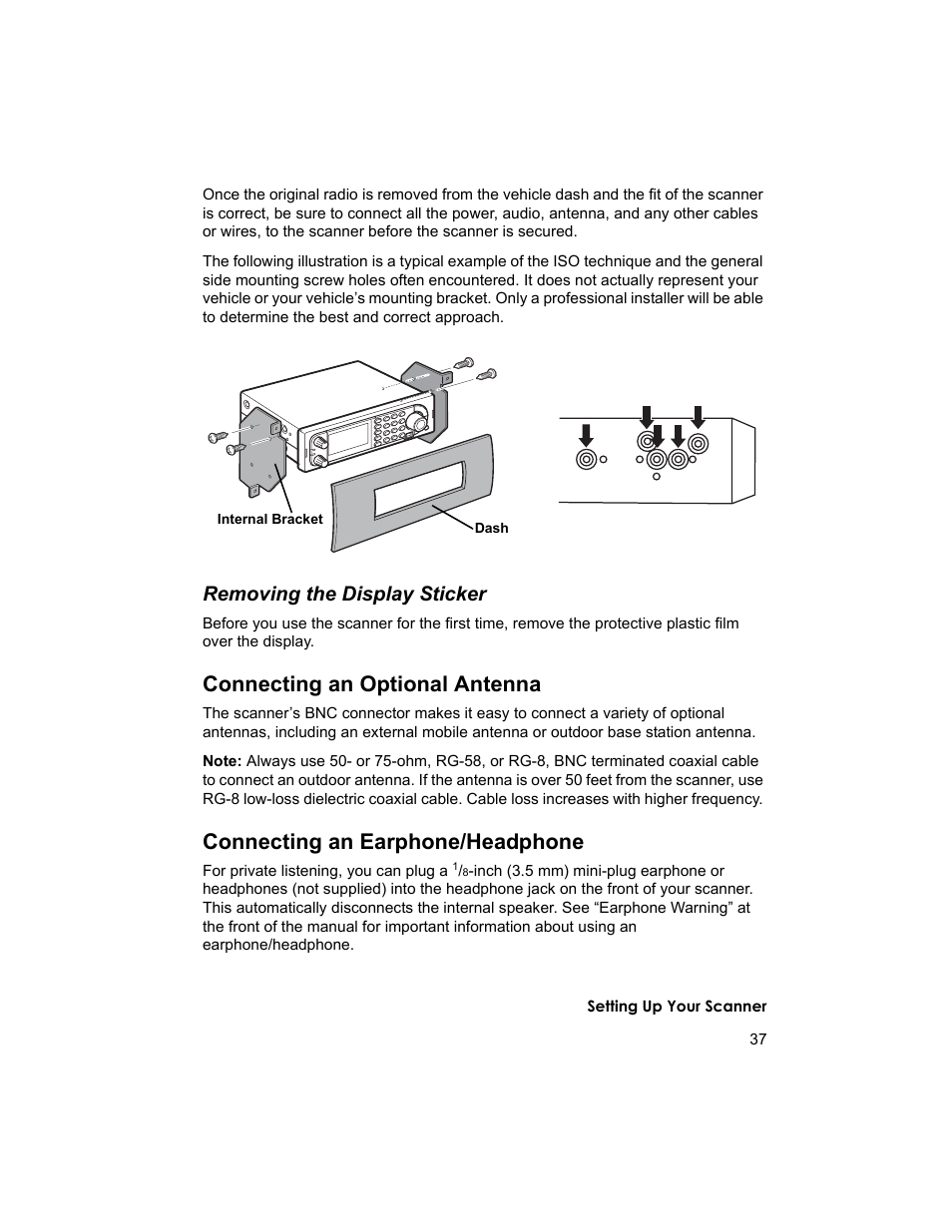 Connecting an optional antenna, Connecting an earphone/headphone, Removing the display sticker | Uniden BCD996T User Manual | Page 37 / 152