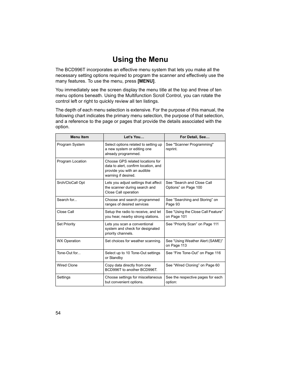 Using the menu | Uniden BCD996T User Manual | Page 54 / 152