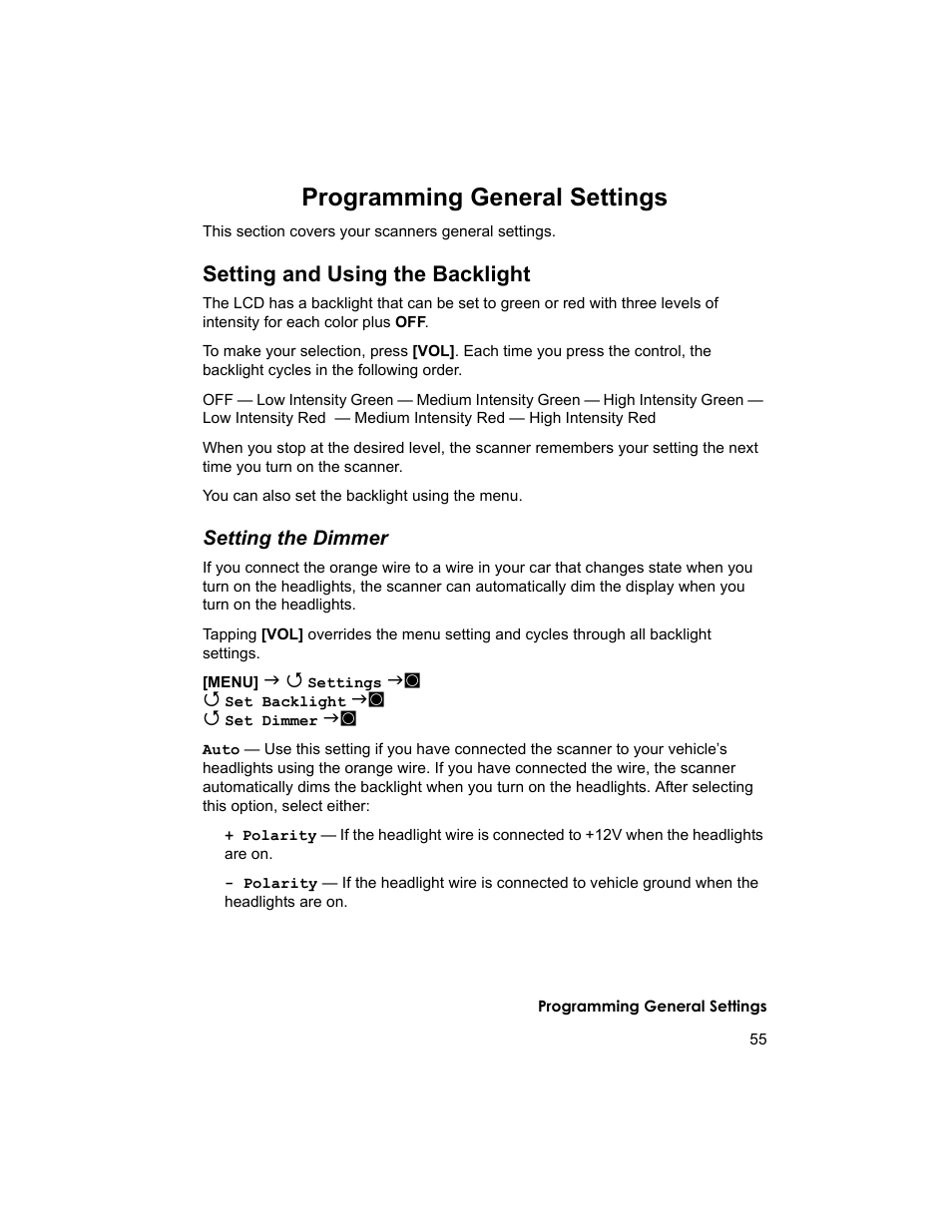 Programming general settings, Setting and using the backlight, Setting the dimmer | Uniden BCD996T User Manual | Page 55 / 152