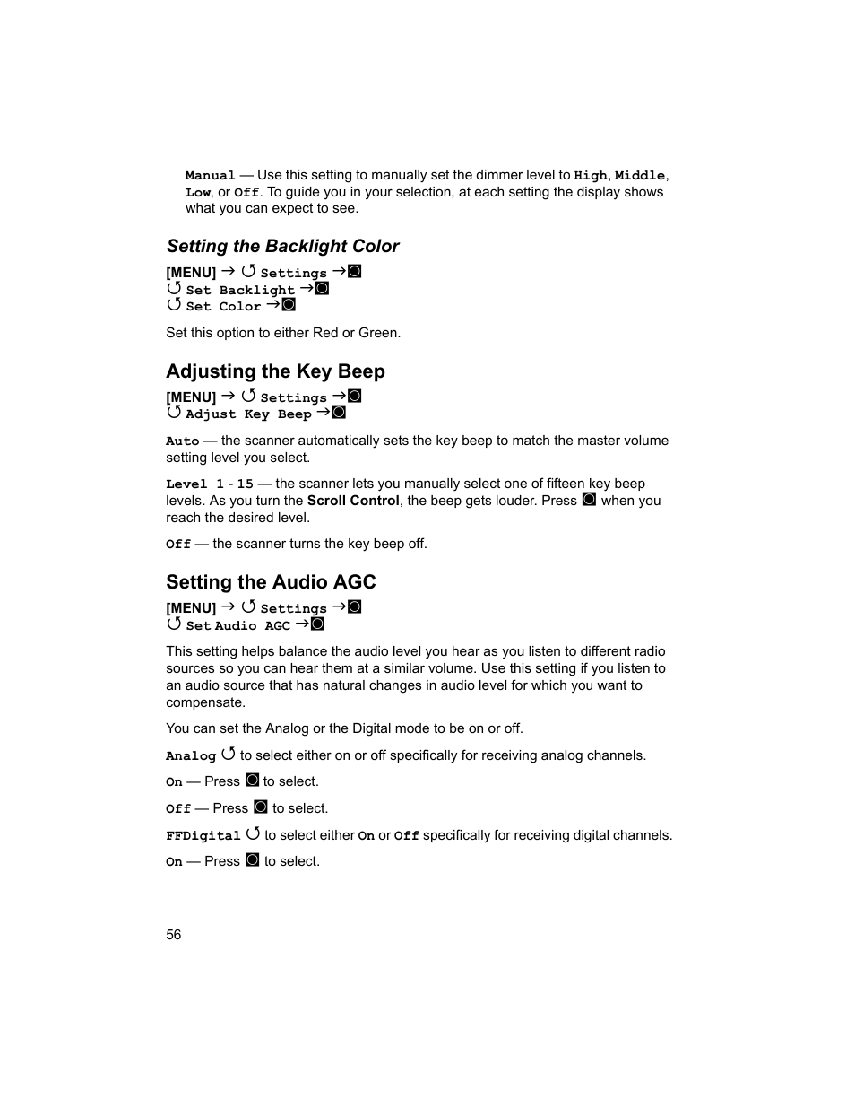 Adjusting the key beep, Setting the audio agc, Setting the backlight color | Uniden BCD996T User Manual | Page 56 / 152