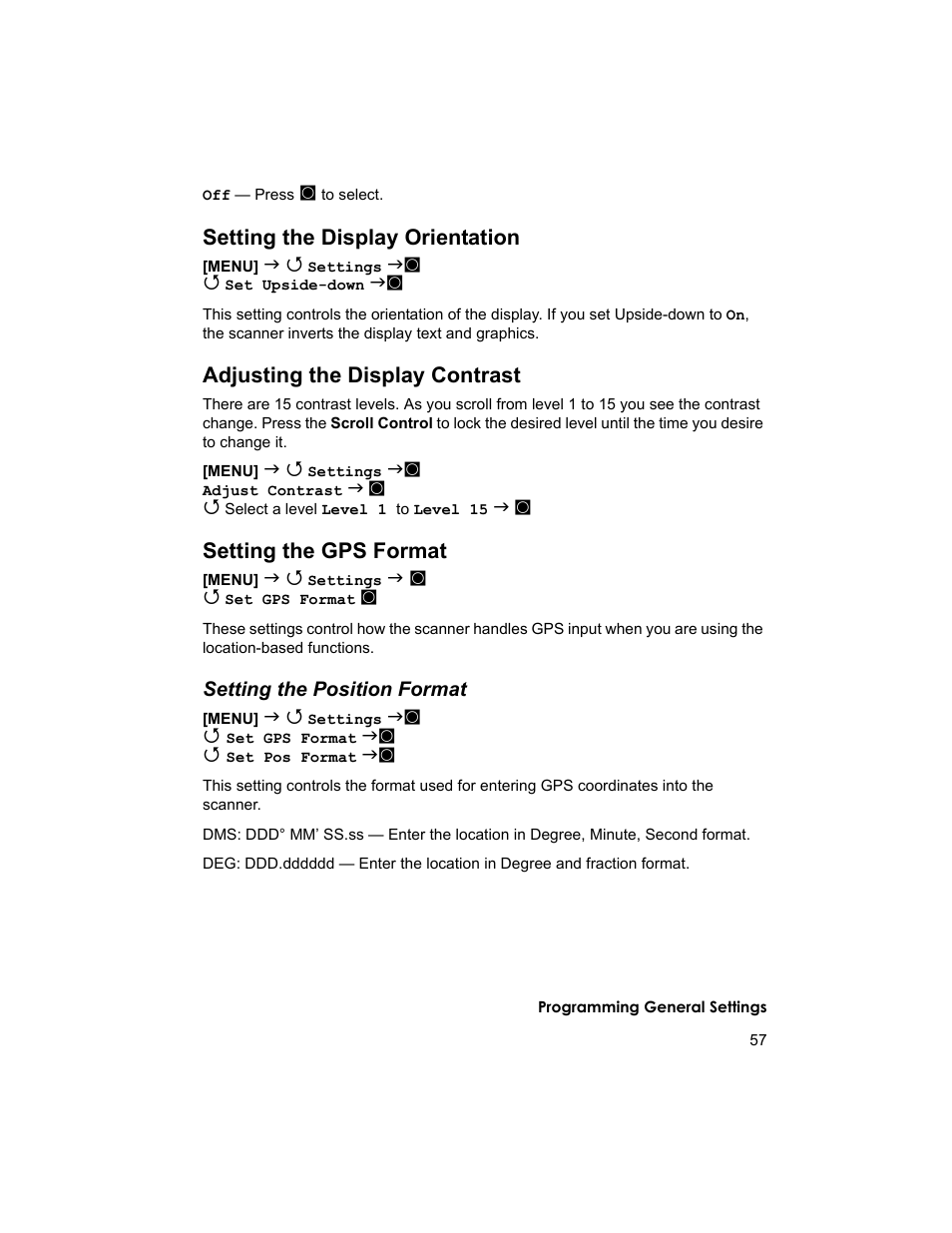 Setting the display orientation, Adjusting the display contrast, Setting the gps format | Uniden BCD996T User Manual | Page 57 / 152