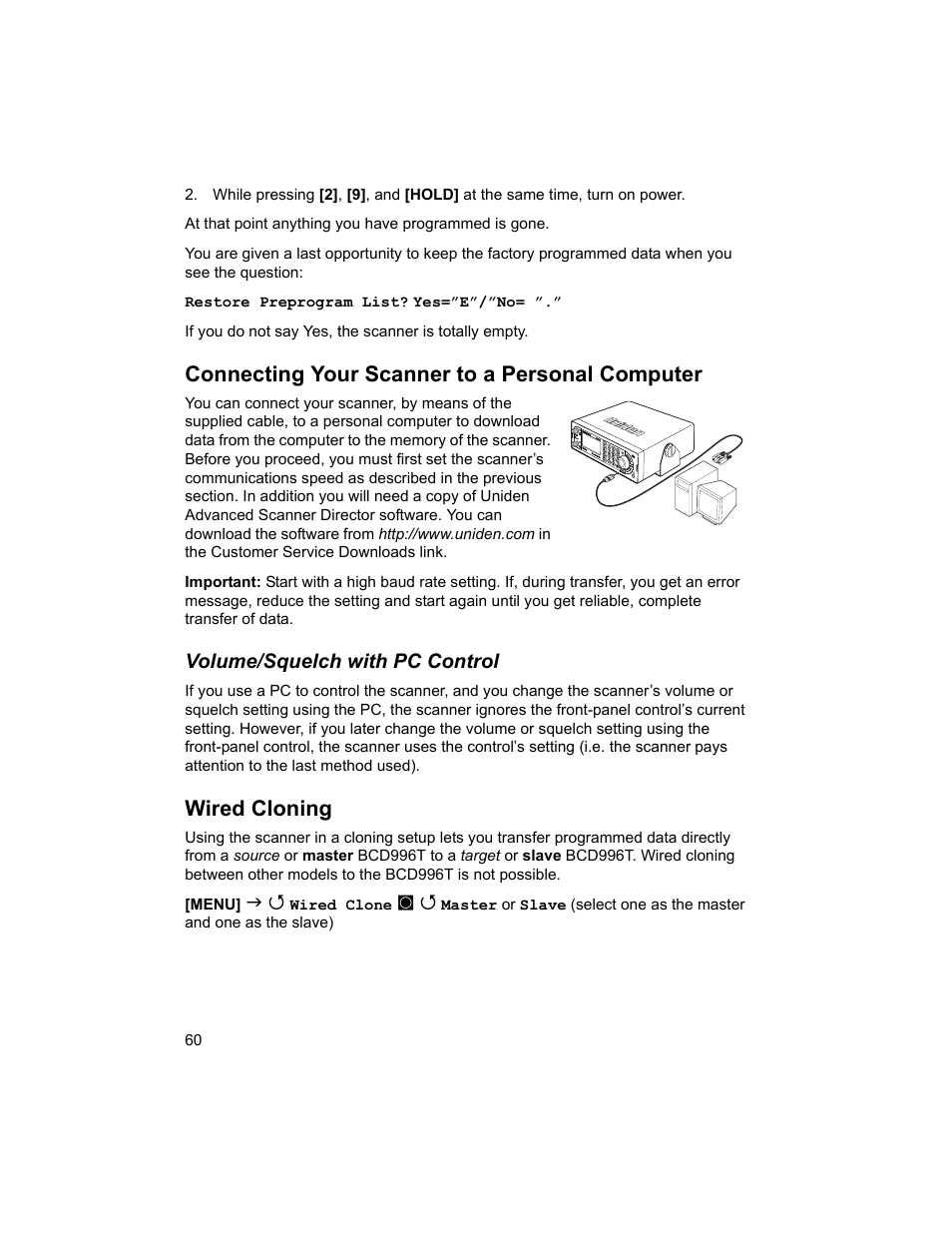 Connecting your scanner to a personal computer, Wired cloning, Volume/squelch with pc control | Uniden BCD996T User Manual | Page 60 / 152