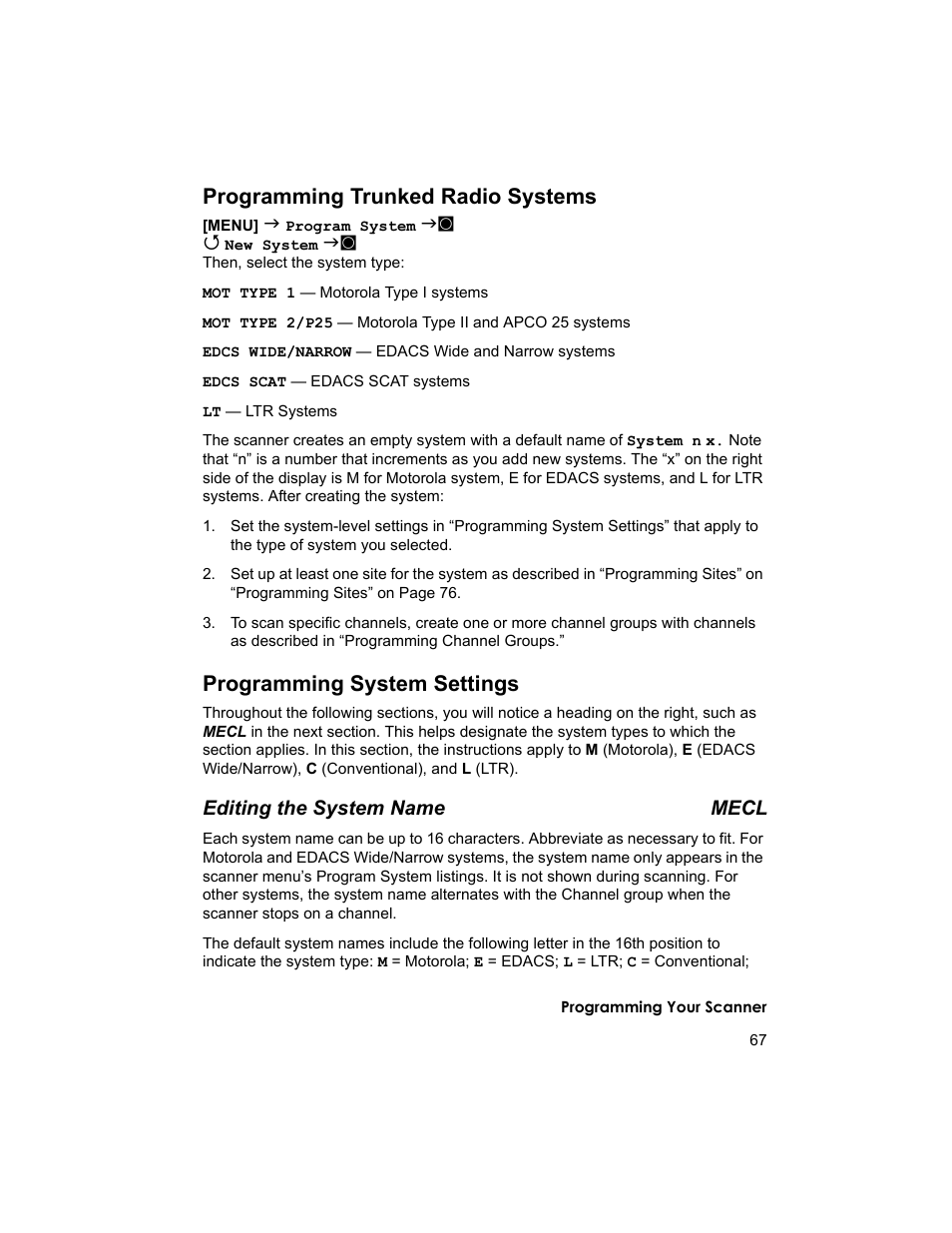 Programming trunked radio systems, Programming system settings, Editing the system name mecl | Uniden BCD996T User Manual | Page 67 / 152