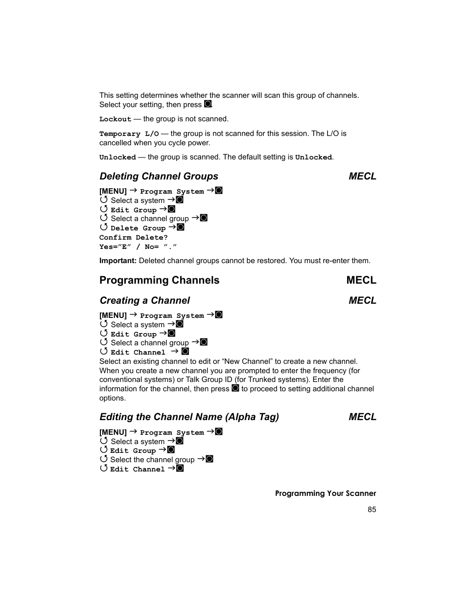 Programming channels mecl | Uniden BCD996T User Manual | Page 85 / 152