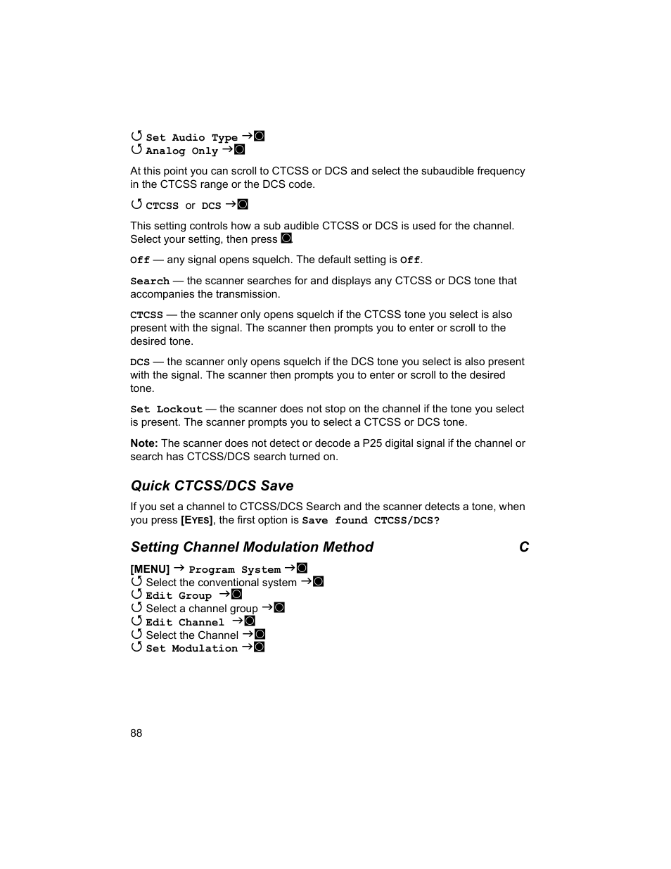 Quick ctcss/dcs save, Setting channel modulation method c | Uniden BCD996T User Manual | Page 88 / 152