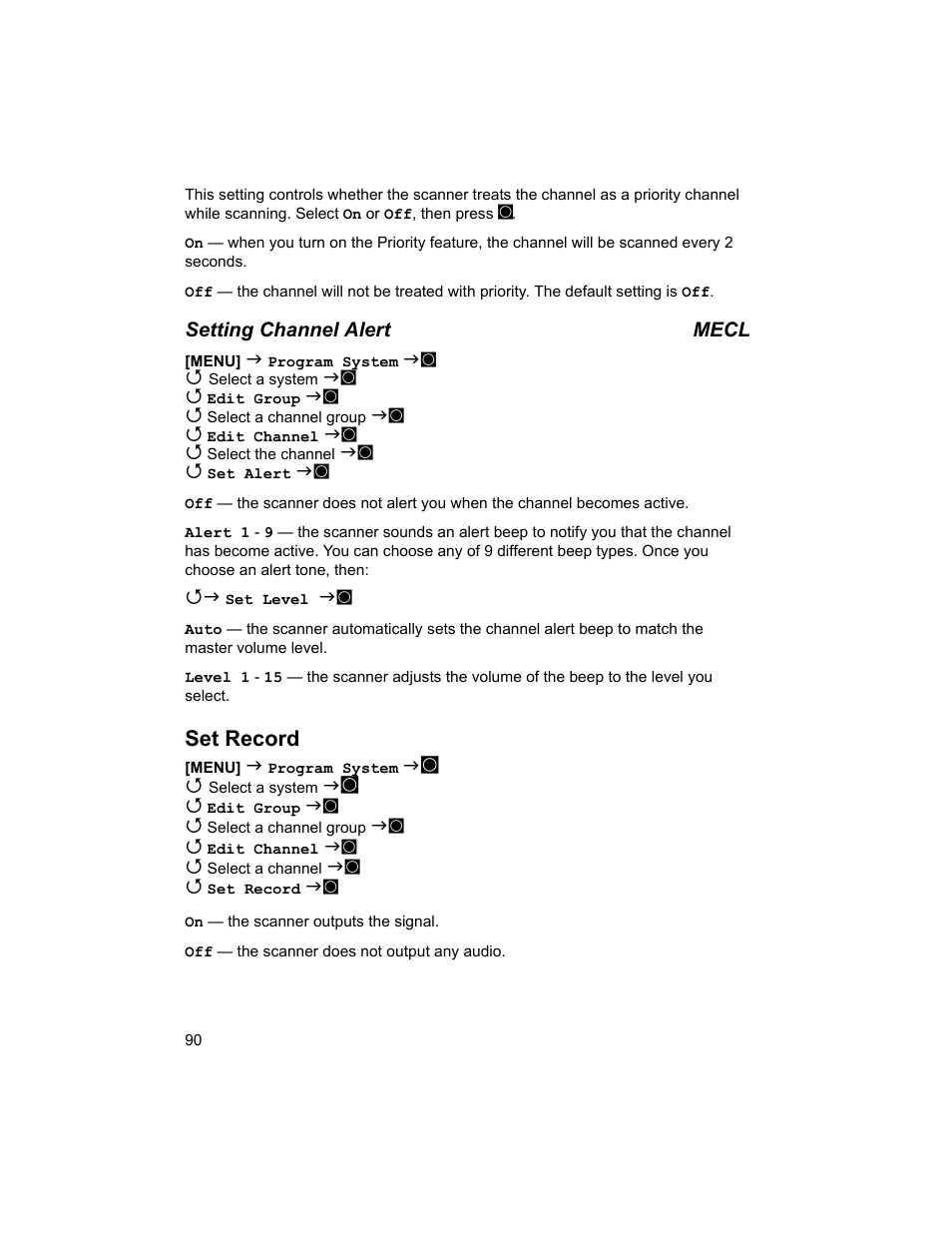 Set record, Setting channel alert mecl | Uniden BCD996T User Manual | Page 90 / 152