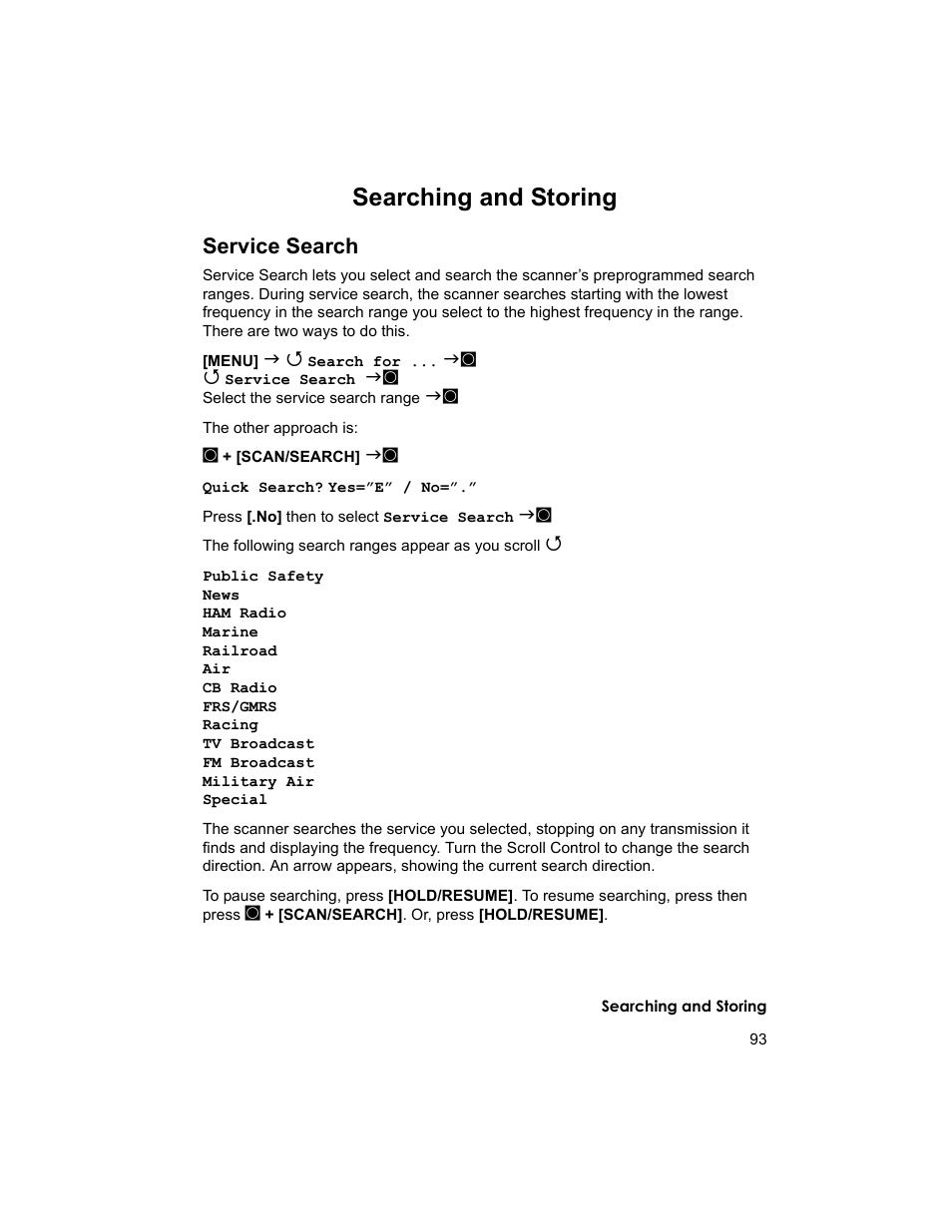 Searching and storing, Service search | Uniden BCD996T User Manual | Page 93 / 152