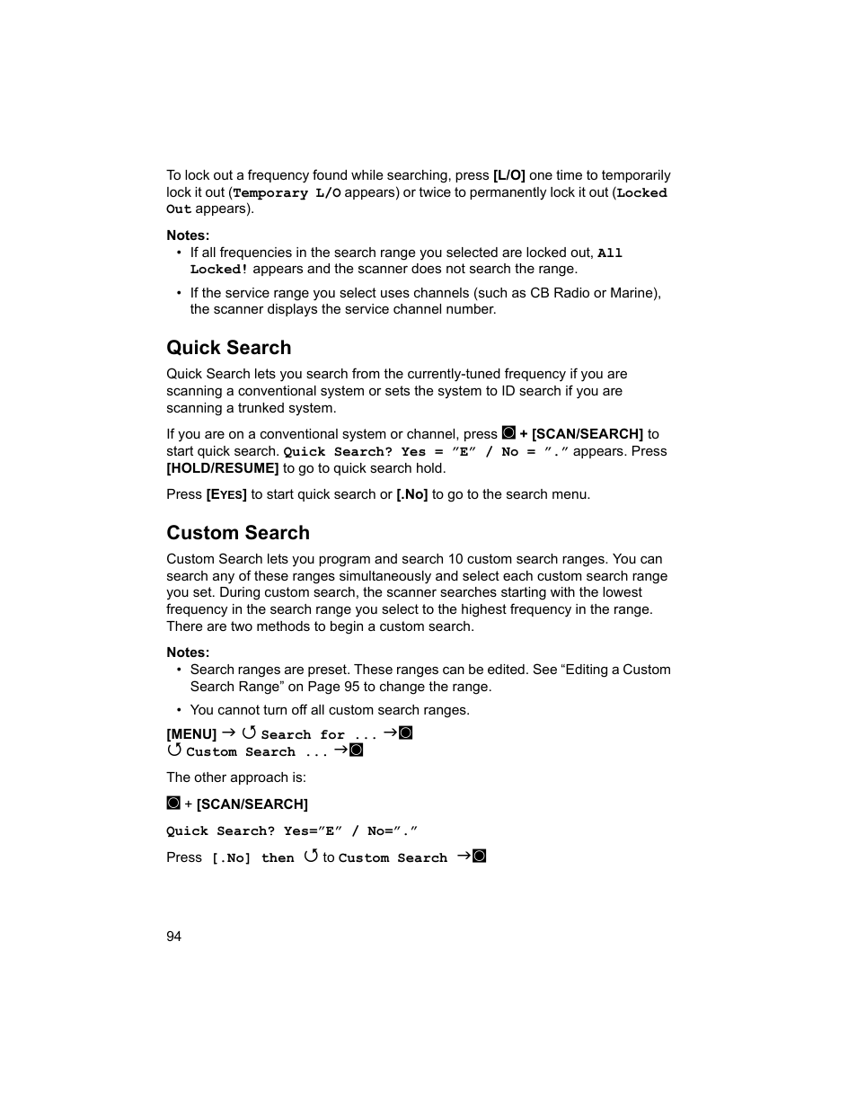 Quick search, Custom search | Uniden BCD996T User Manual | Page 94 / 152