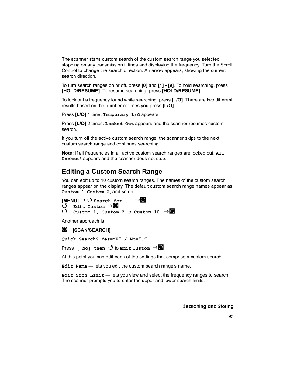 Editing a custom search range | Uniden BCD996T User Manual | Page 95 / 152
