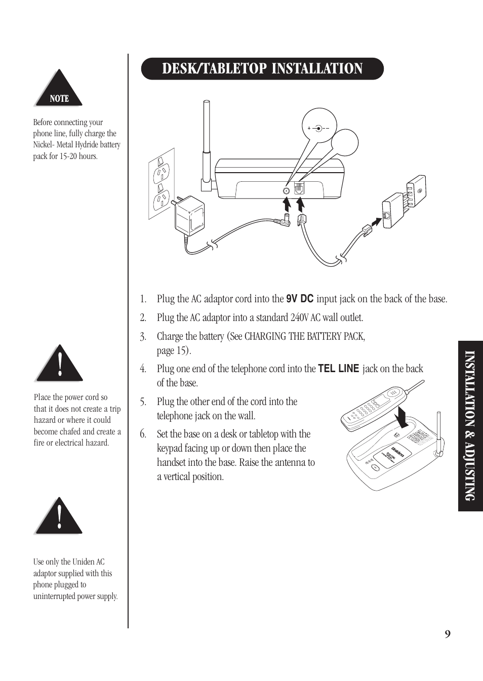 Desk/tabletop installation, Inst alla tion & adjusting | Uniden DS71 User Manual | Page 11 / 32