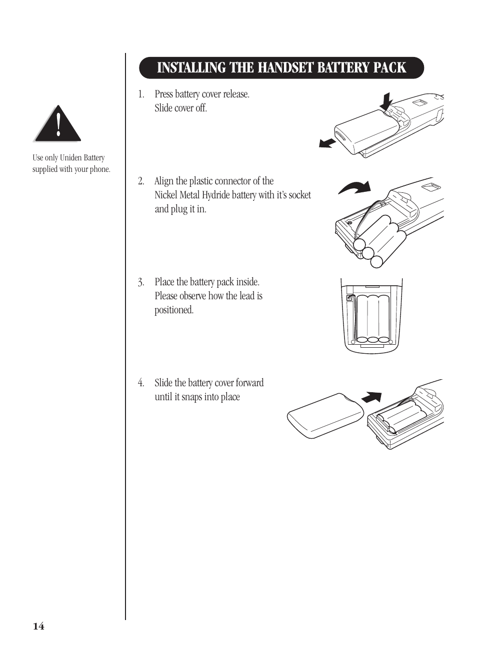 Installing the handset battery pack | Uniden DS71 User Manual | Page 16 / 32