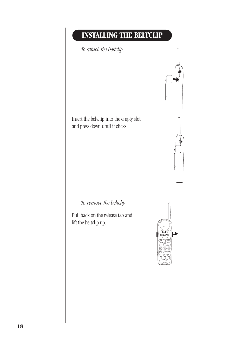 Installing the beltclip | Uniden DS71 User Manual | Page 20 / 32