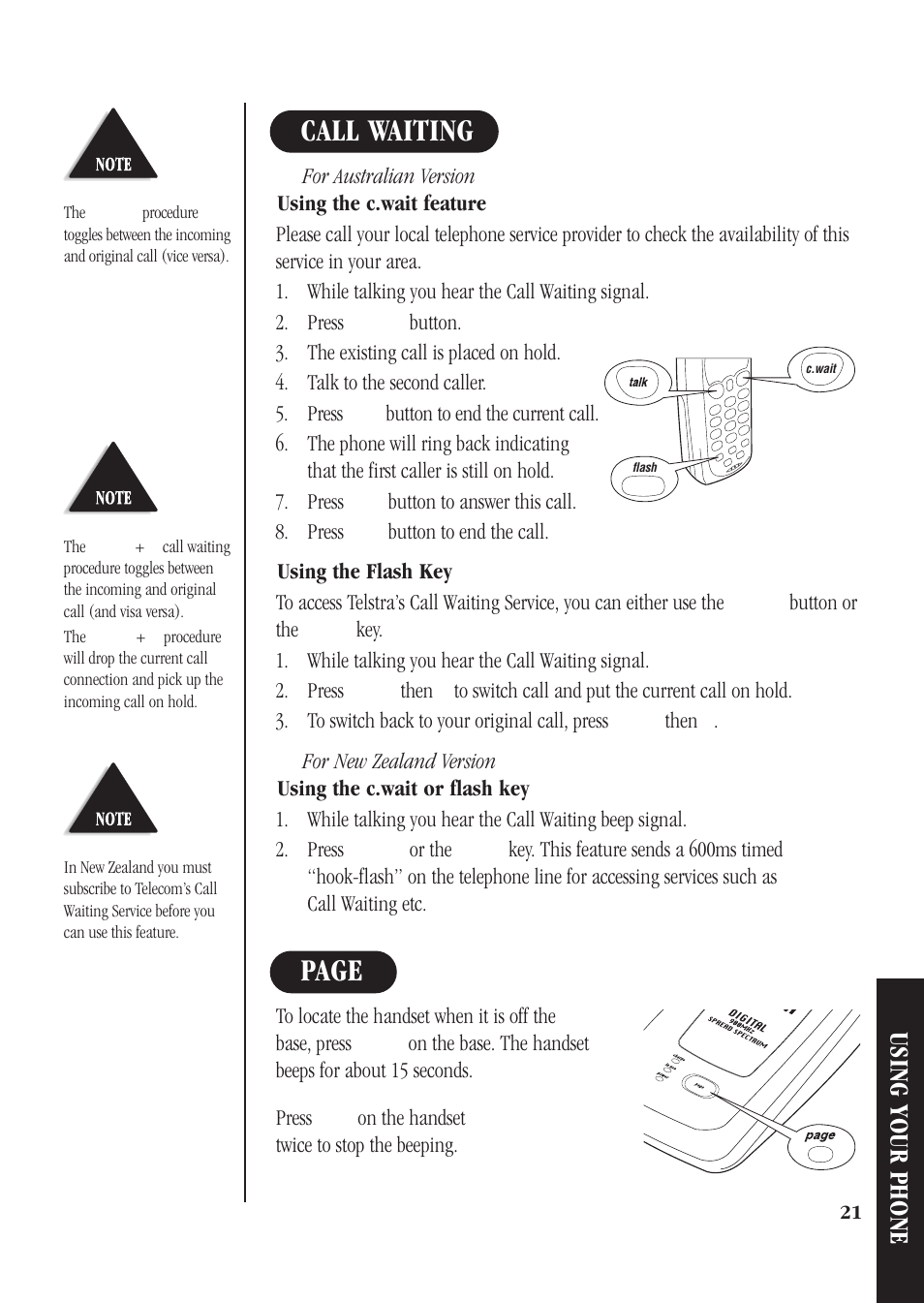 Page, Call waiting, Using your phone | Uniden DS71 User Manual | Page 23 / 32