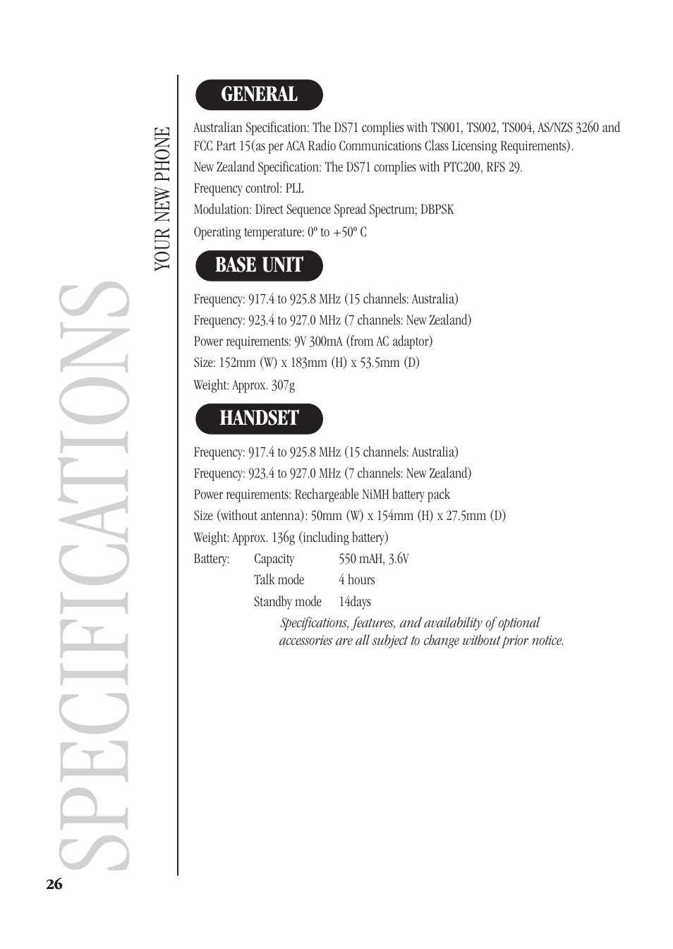 Specifica tions | Uniden DS71 User Manual | Page 28 / 32