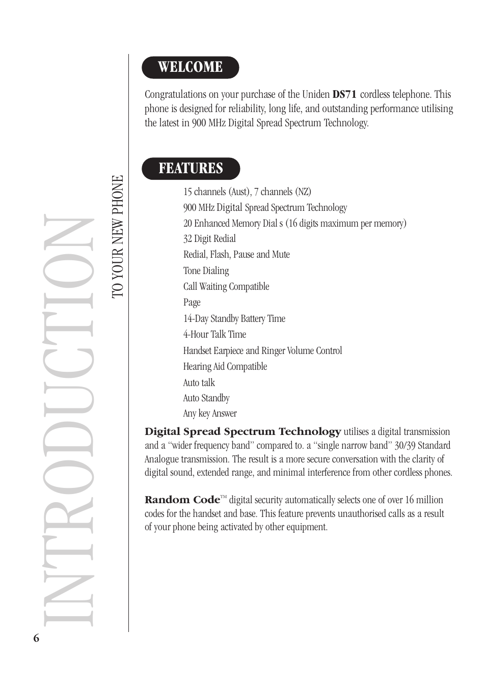 Introduction, Features welcome to your new phone | Uniden DS71 User Manual | Page 8 / 32