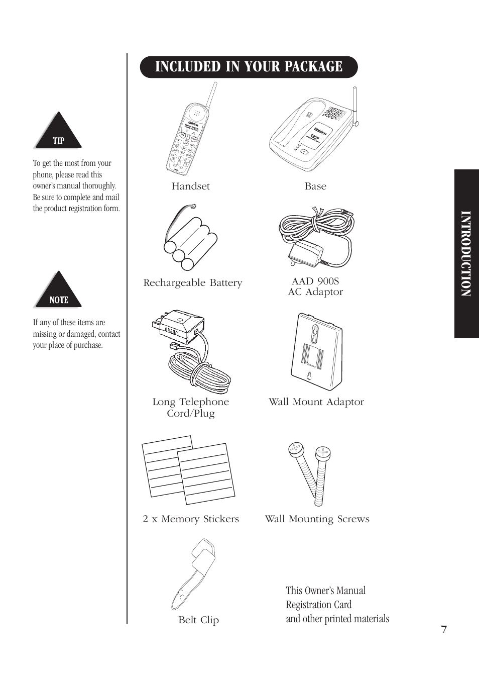 Included in your package, Introduction, This owner’s manual | Registration card, And other printed materials | Uniden DS71 User Manual | Page 9 / 32