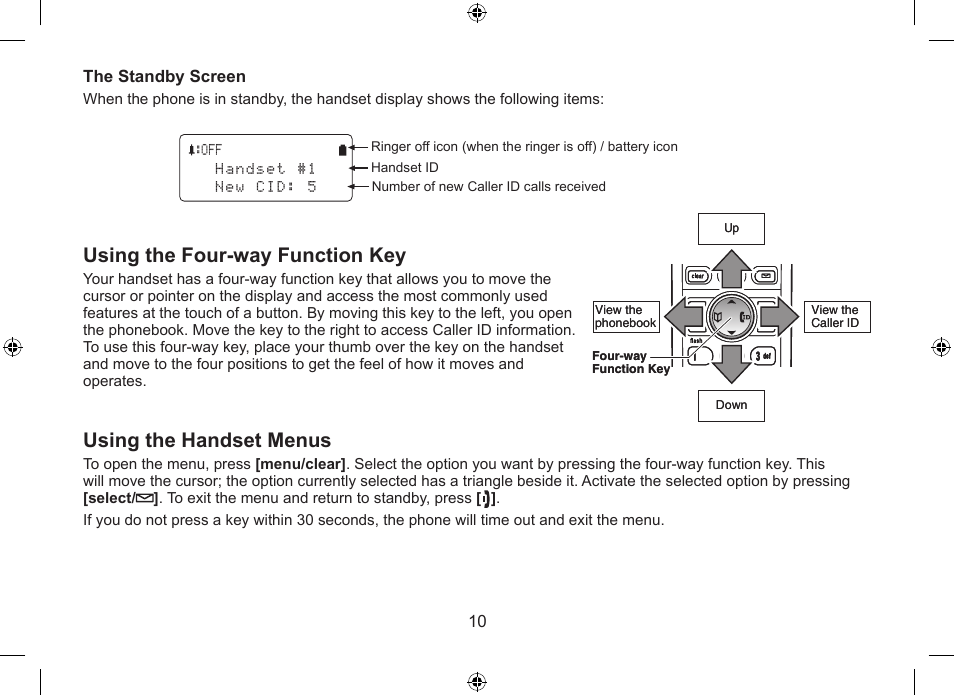 Using the four-way function key, Using the handset menus | Uniden WDSS 5315 User Manual | Page 11 / 56