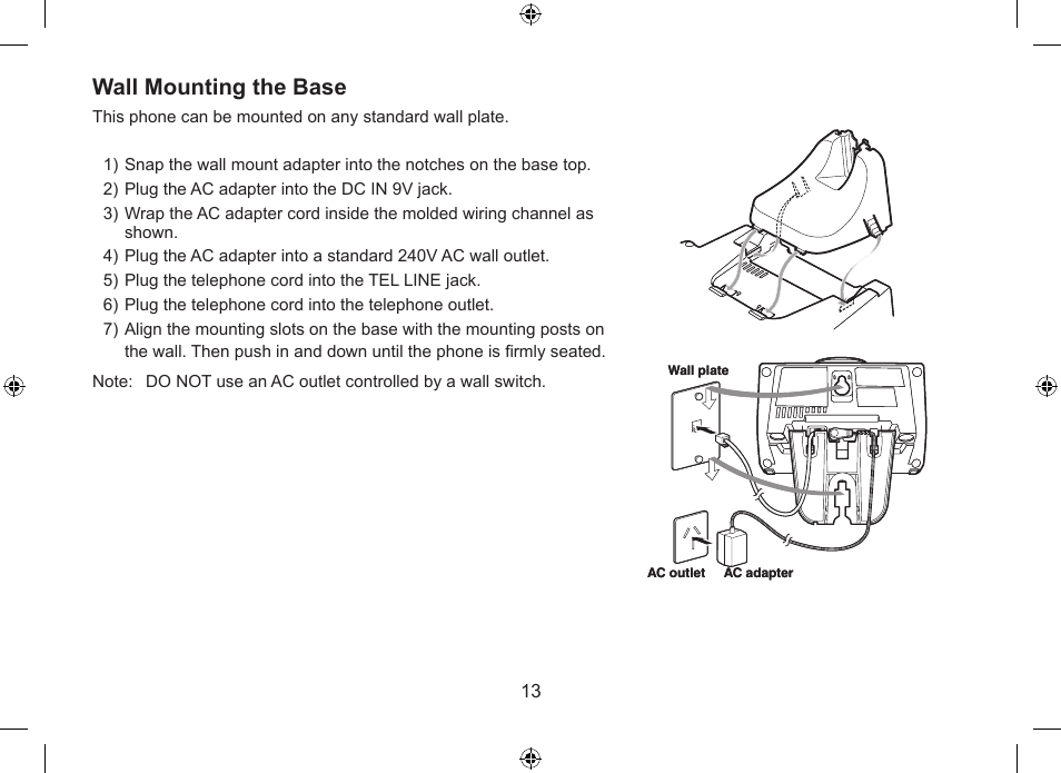 Wall mounting the base | Uniden WDSS 5315 User Manual | Page 14 / 56