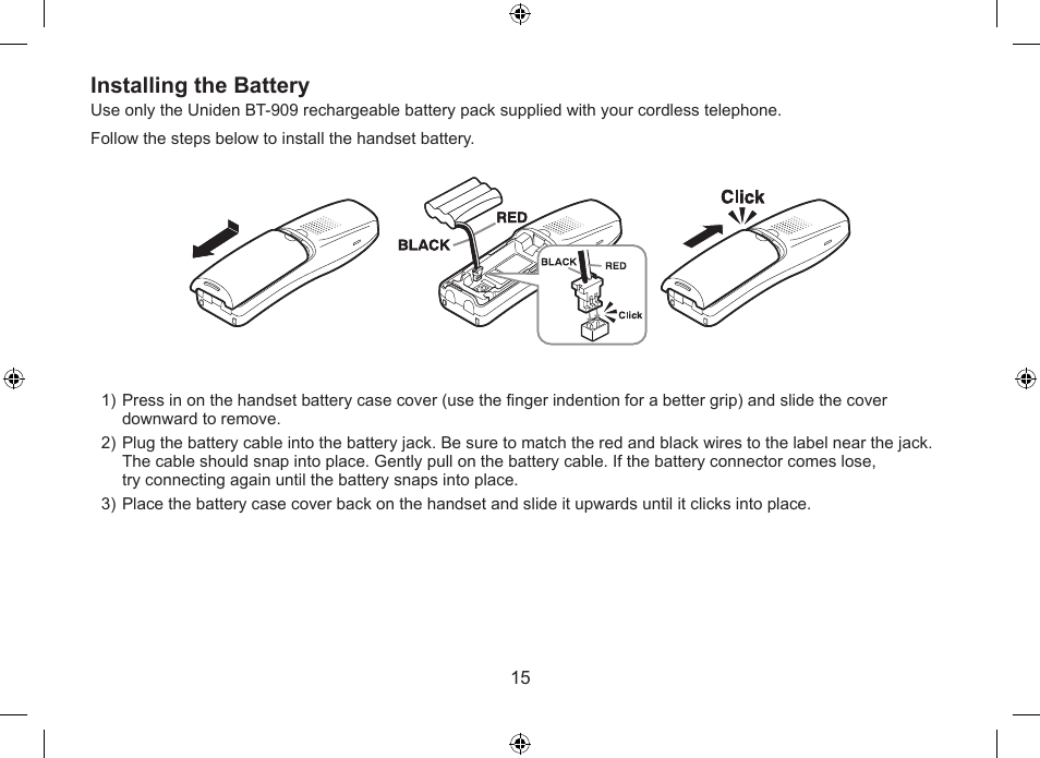 Installing the battery | Uniden WDSS 5315 User Manual | Page 16 / 56