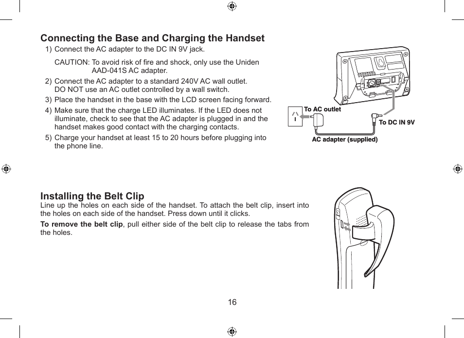 Connecting the base and charging the handset, Installing the belt clip | Uniden WDSS 5315 User Manual | Page 17 / 56