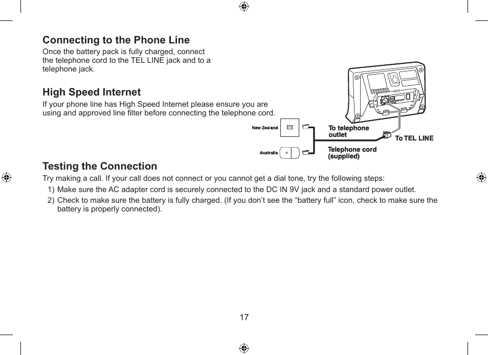 Connecting to the phone line, Testing the connection, High speed internet | Uniden WDSS 5315 User Manual | Page 18 / 56