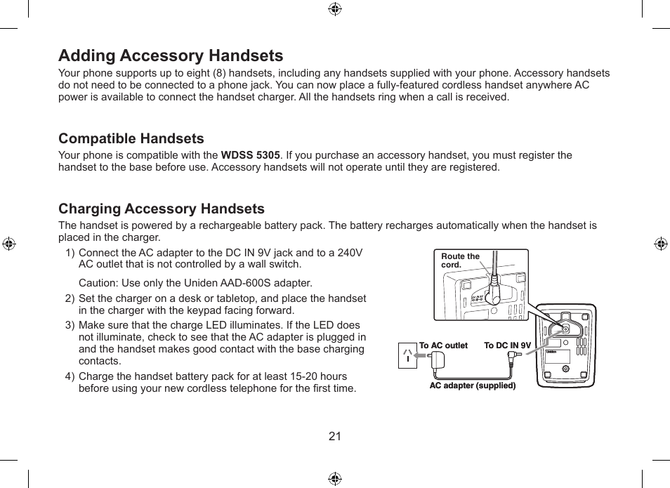 Adding accessory handsets, Compatible handsets, Charging accessory handsets | Uniden WDSS 5315 User Manual | Page 22 / 56