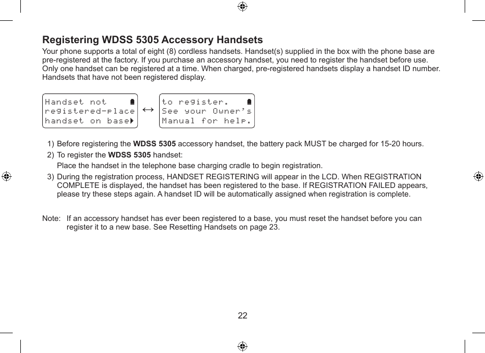 Registering wdss 5305 accessory handsets | Uniden WDSS 5315 User Manual | Page 23 / 56