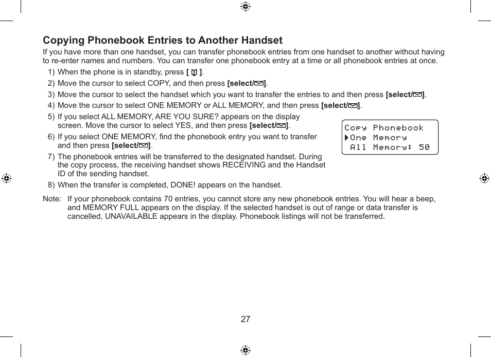 Copying phonebook entries to another handset | Uniden WDSS 5315 User Manual | Page 28 / 56