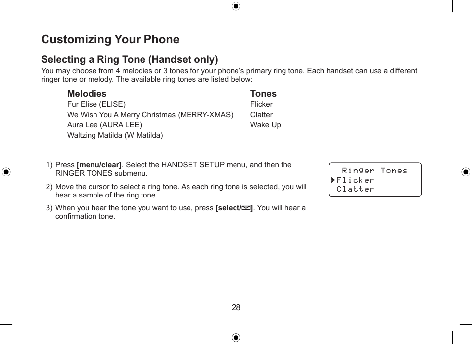 Customizing your phone, Selecting a ring tone (handset only) | Uniden WDSS 5315 User Manual | Page 29 / 56