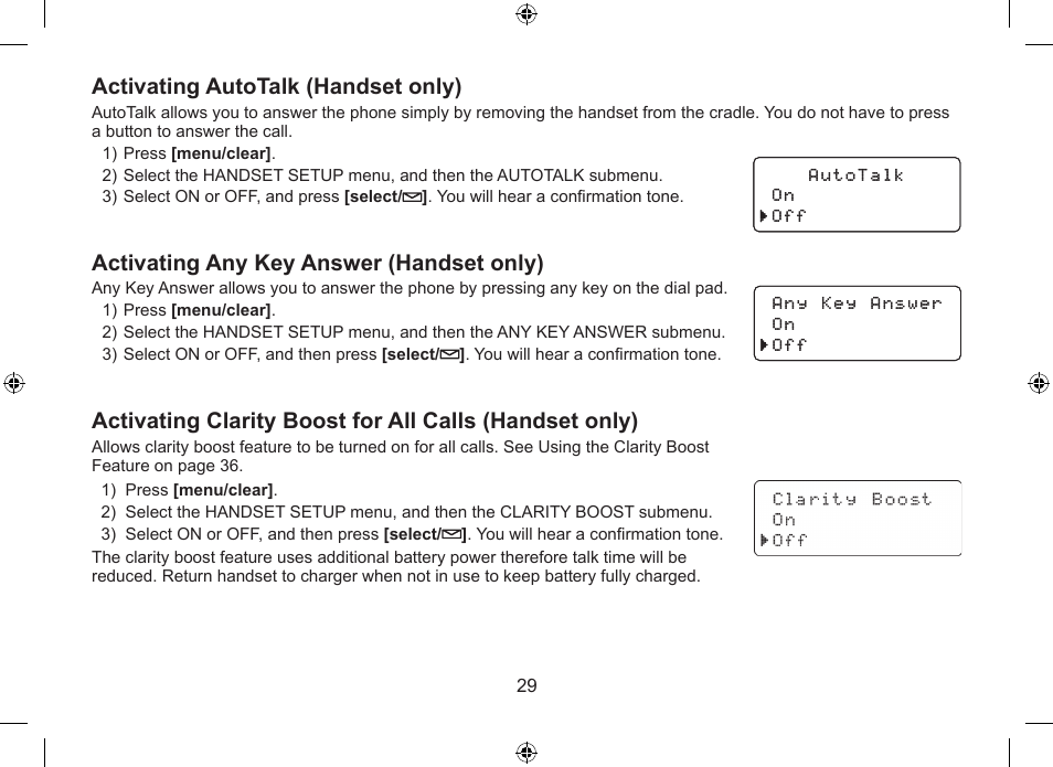 Activating autotalk (handset only), Activating any key answer (handset only) | Uniden WDSS 5315 User Manual | Page 30 / 56