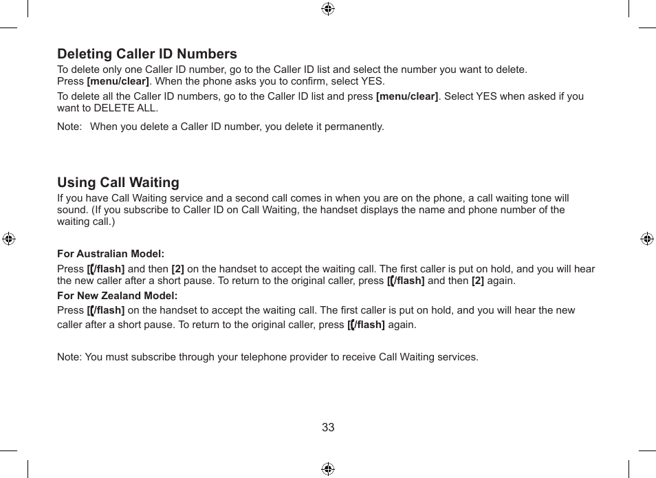 Deleting caller id numbers, Using call waiting | Uniden WDSS 5315 User Manual | Page 34 / 56