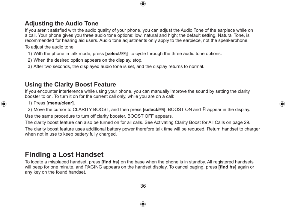 Finding a lost handset, Adjusting the audio tone, Using the clarity boost feature | Uniden WDSS 5315 User Manual | Page 37 / 56