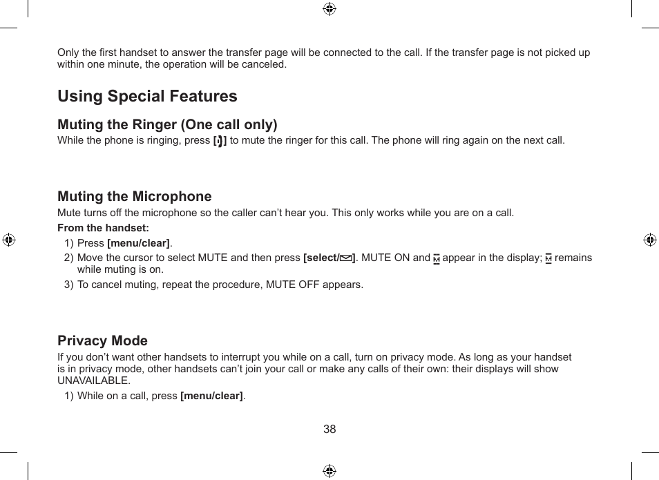 Using special features, Muting the ringer (one call only), Muting the microphone | Privacy mode | Uniden WDSS 5315 User Manual | Page 39 / 56