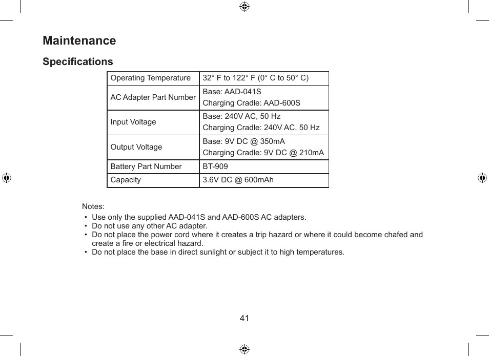 Maintenance, Specifications | Uniden WDSS 5315 User Manual | Page 42 / 56