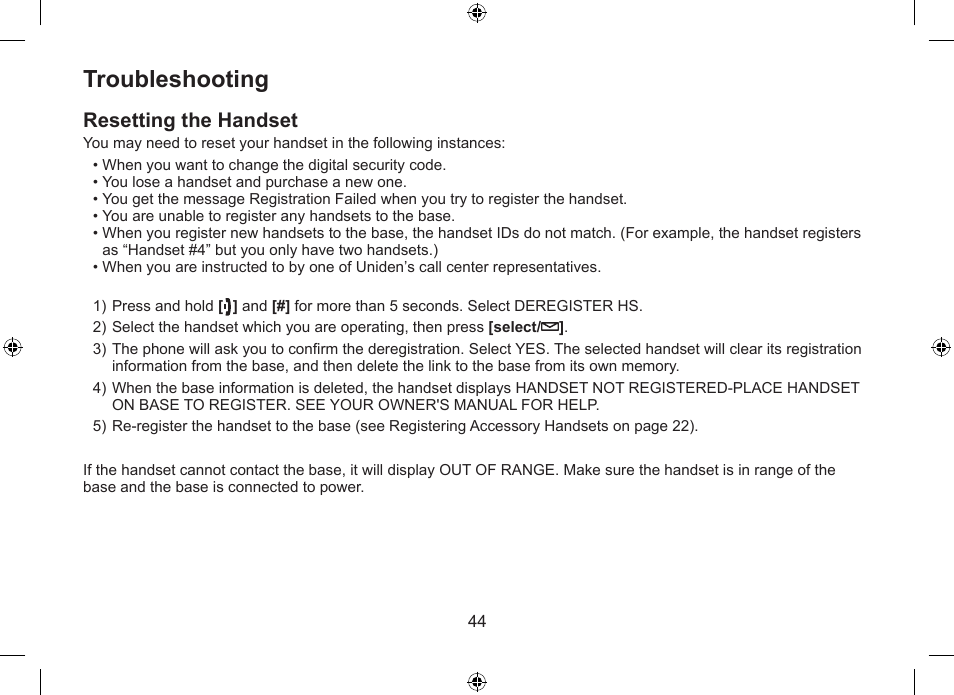 Troubleshooting, Resetting the handset | Uniden WDSS 5315 User Manual | Page 45 / 56