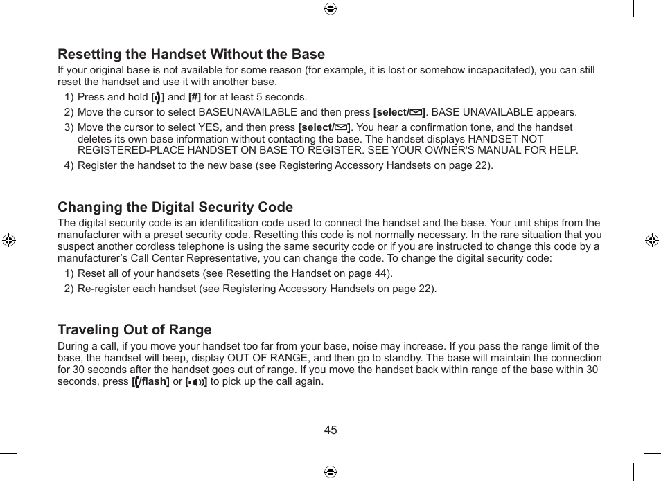 Resetting the handset without the base, Changing the digital security code, Traveling out of range | Uniden WDSS 5315 User Manual | Page 46 / 56