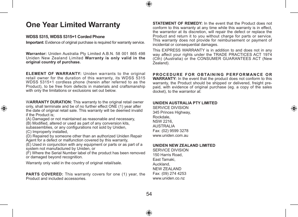 One year limited warranty | Uniden WDSS 5315 User Manual | Page 55 / 56