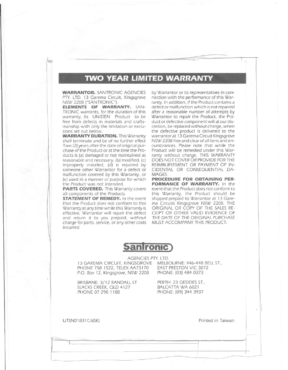 Two year limited warranty, Sanironic t | Uniden MC 610 User Manual | Page 10 / 10