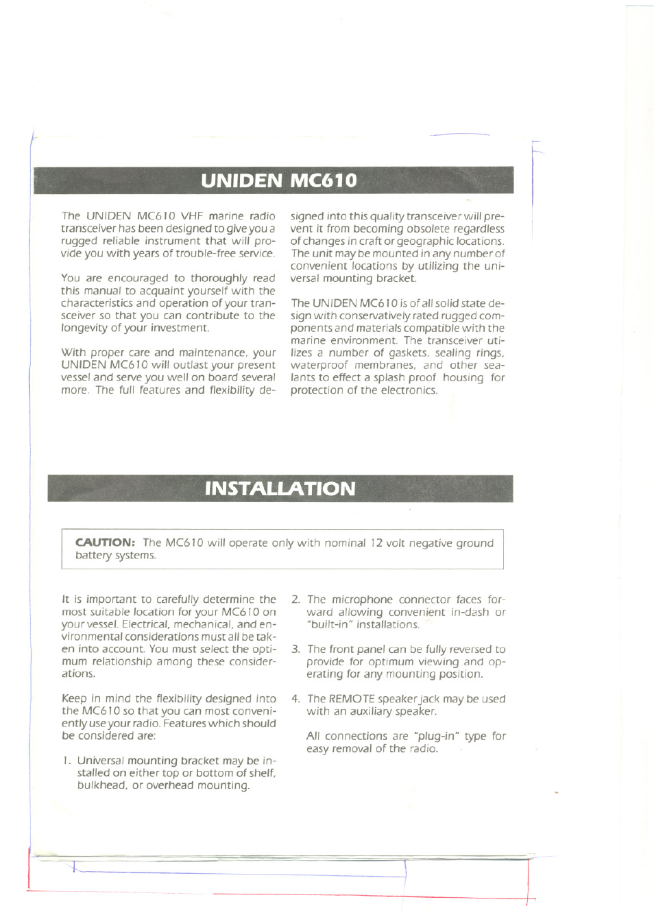Uniden mc610, Installation | Uniden MC 610 User Manual | Page 2 / 10