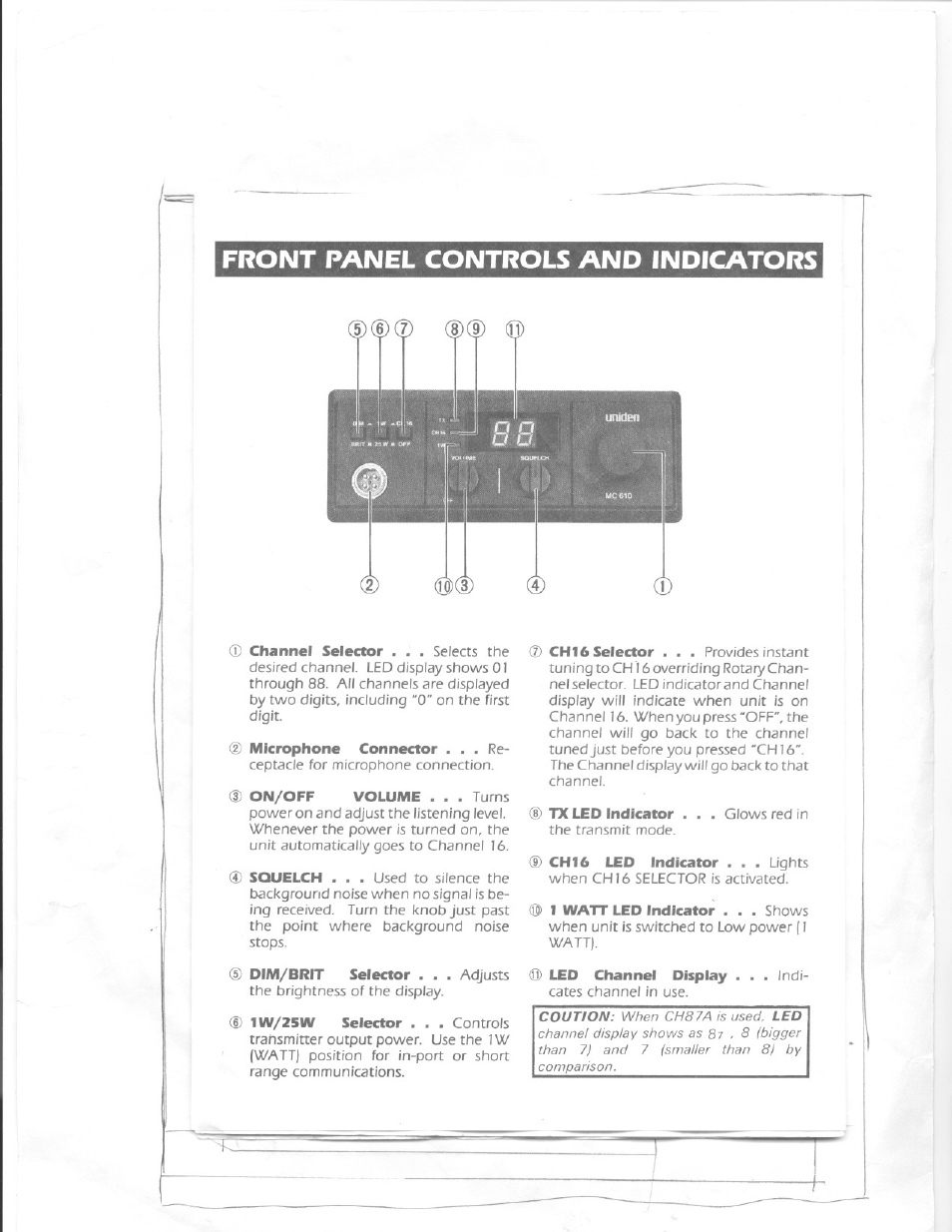 Front panel controls and indicators | Uniden MC 610 User Manual | Page 4 / 10