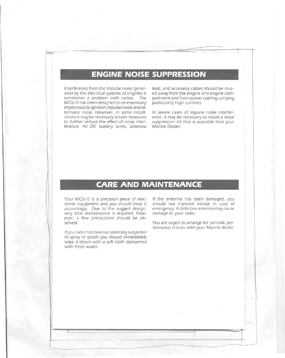 Engine noise suppression, Care and maintenance | Uniden MC 610 User Manual | Page 8 / 10