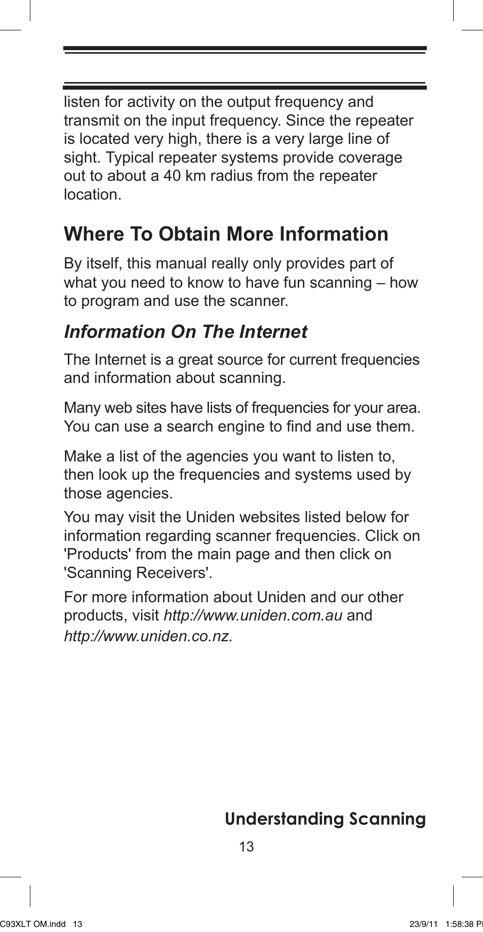 Where to obtain more information, Information on the internet, Understanding scanning | Uniden UBC93XLT User Manual | Page 13 / 60