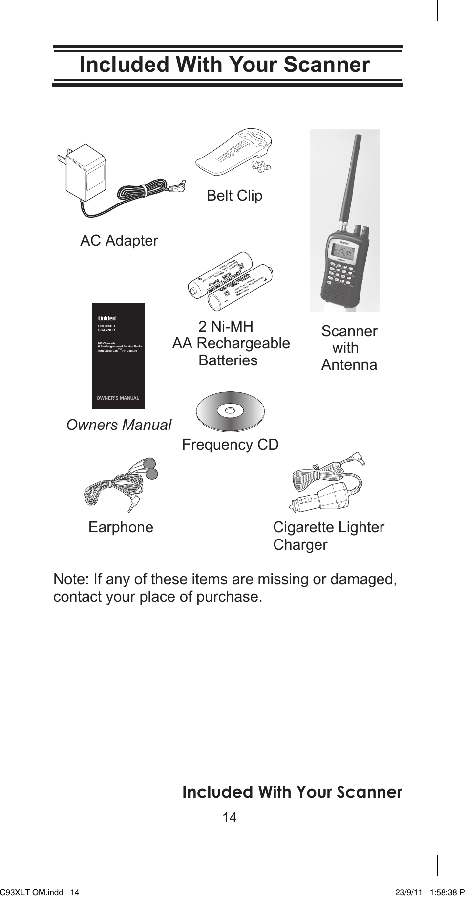 Included with your scanner, Earphone cigarette lighter charger frequency cd | Uniden UBC93XLT User Manual | Page 14 / 60