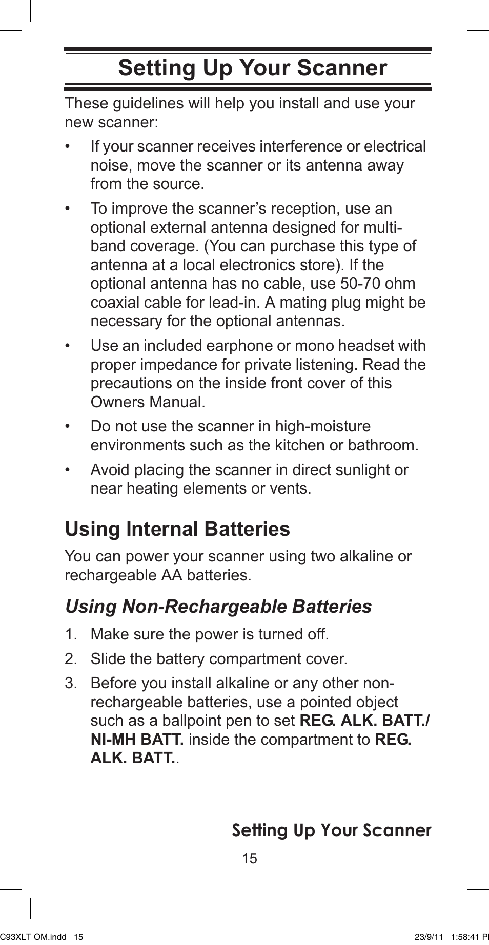 Using internal batteries, Setting up your scanner, Using non-rechargeable batteries | Uniden UBC93XLT User Manual | Page 15 / 60