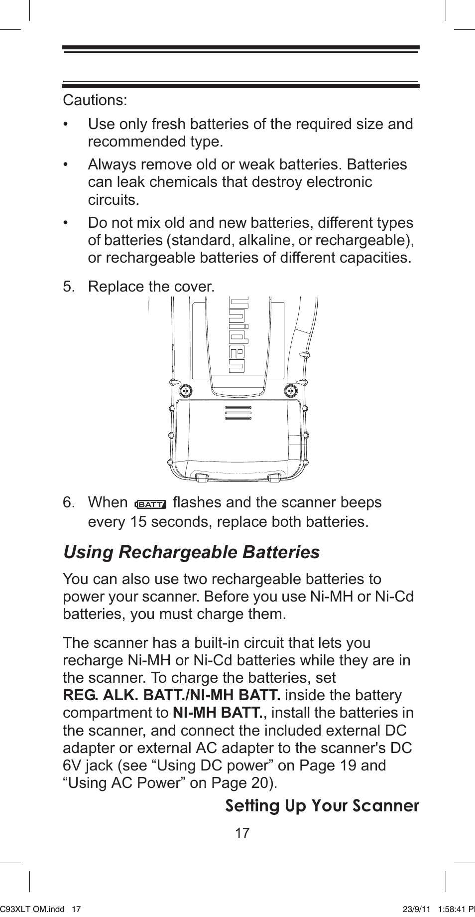 Using rechargeable batteries, Setting up your scanner | Uniden UBC93XLT User Manual | Page 17 / 60