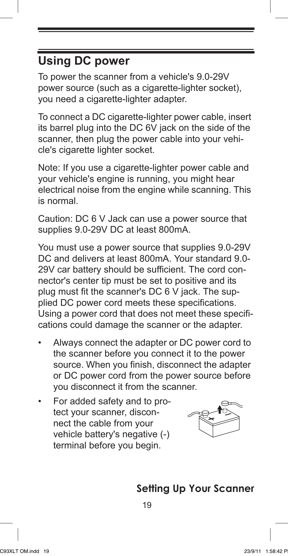 Using dc power, Setting up your scanner | Uniden UBC93XLT User Manual | Page 19 / 60