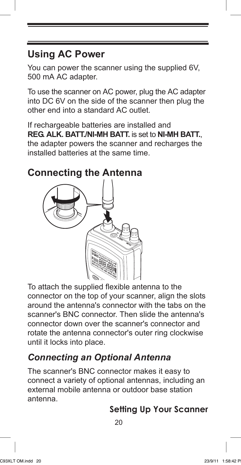 Using ac power, Connecting the antenna, Connecting an optional antenna | Setting up your scanner | Uniden UBC93XLT User Manual | Page 20 / 60