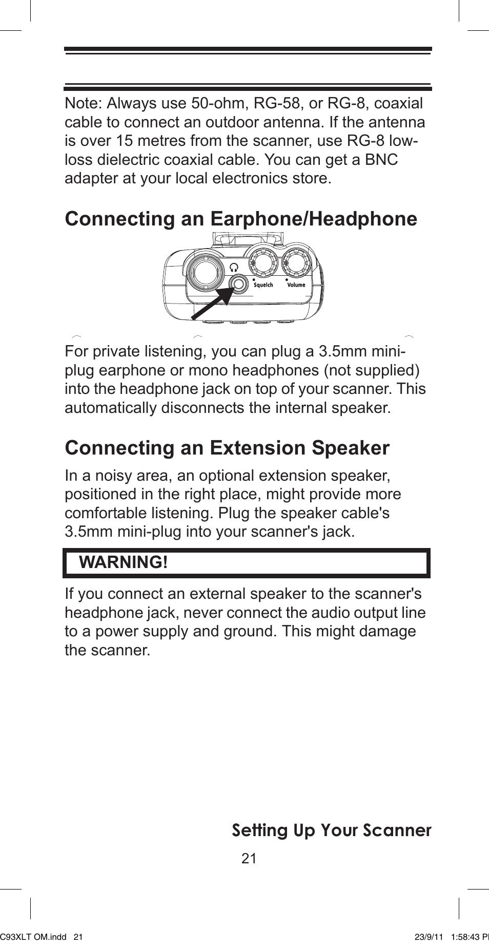 Connecting an earphone/headphone, Connecting an extension speaker, Setting up your scanner | Warning | Uniden UBC93XLT User Manual | Page 21 / 60