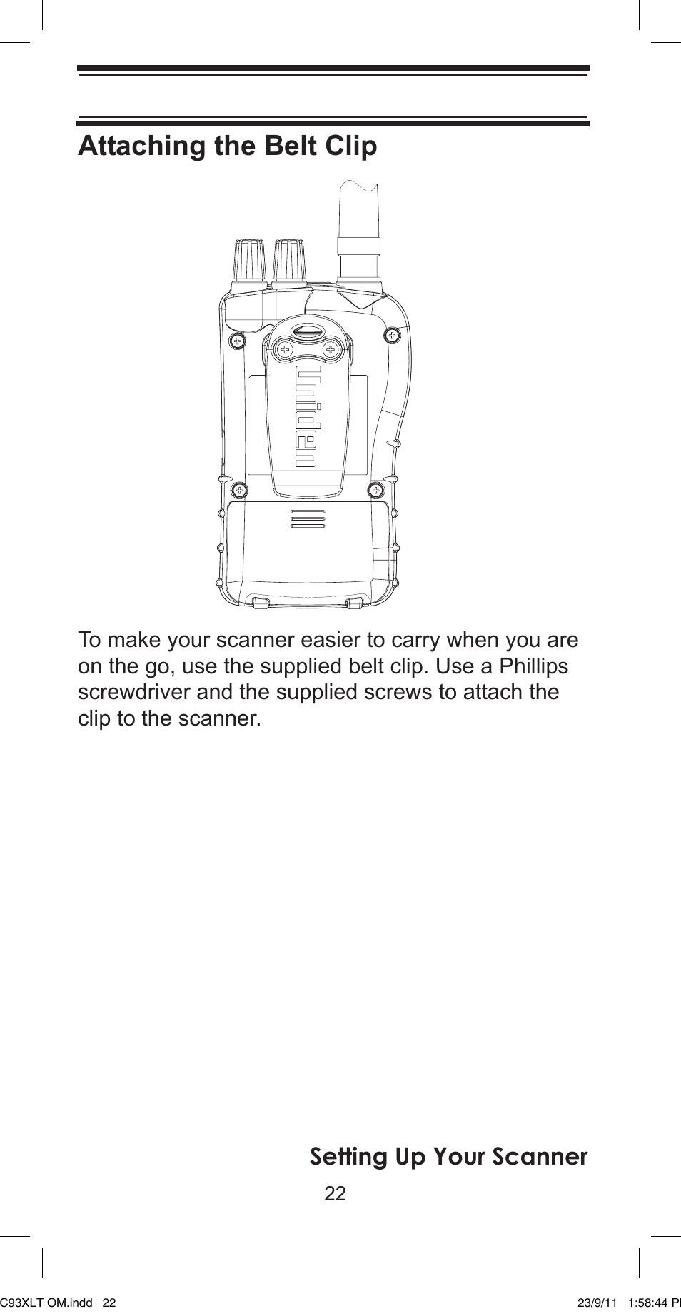 Attaching the belt clip, Setting up your scanner | Uniden UBC93XLT User Manual | Page 22 / 60