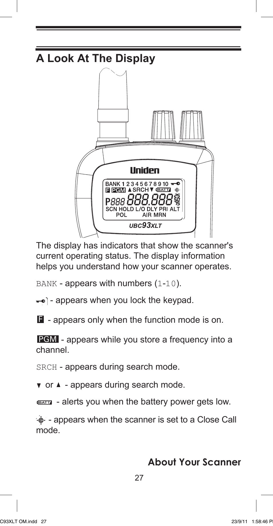 A look at the display, About your scanner | Uniden UBC93XLT User Manual | Page 27 / 60